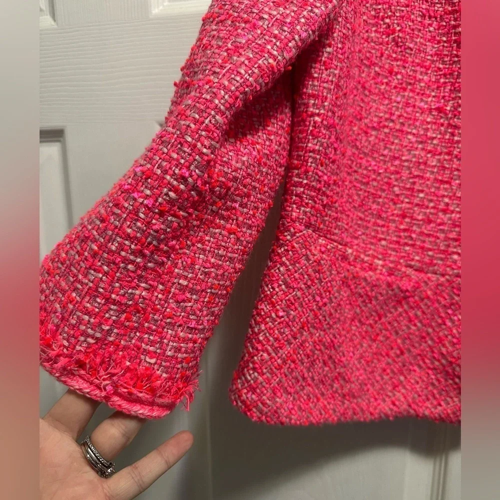 Talbots TWEED PEPLUM JACKET Blazer Hot Pink Sz 14P Fringe - Picture 4 of 4